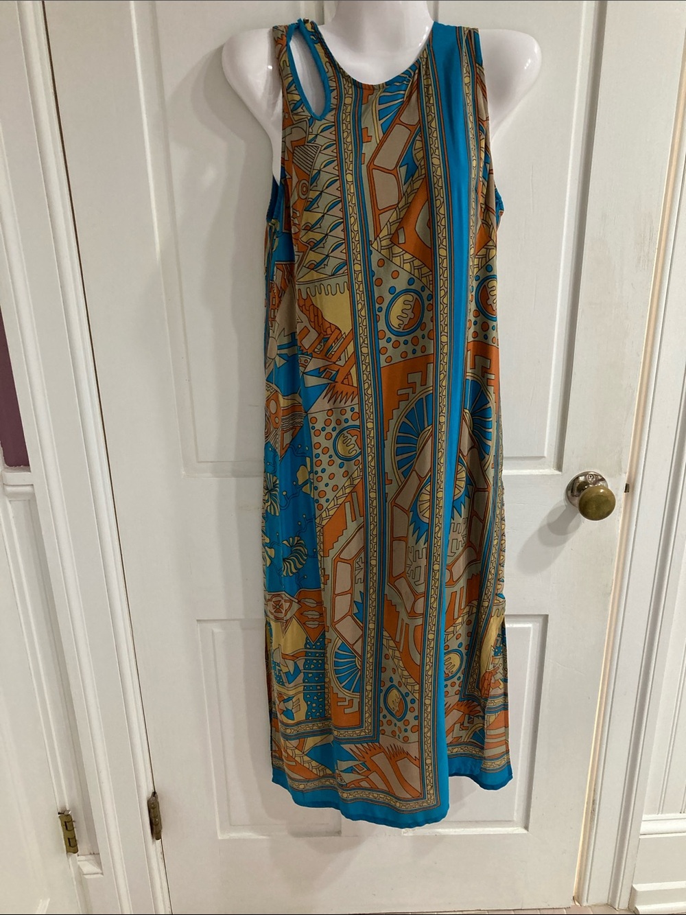 Silk Sleeveless Blue and Tan Printed Maxi Dress